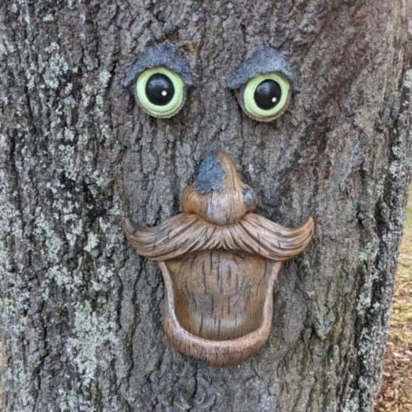Tree Face Birdfeeder - Old Man with Glowing Eyes in Dark Outdoor Tree - Picture 2 of 2